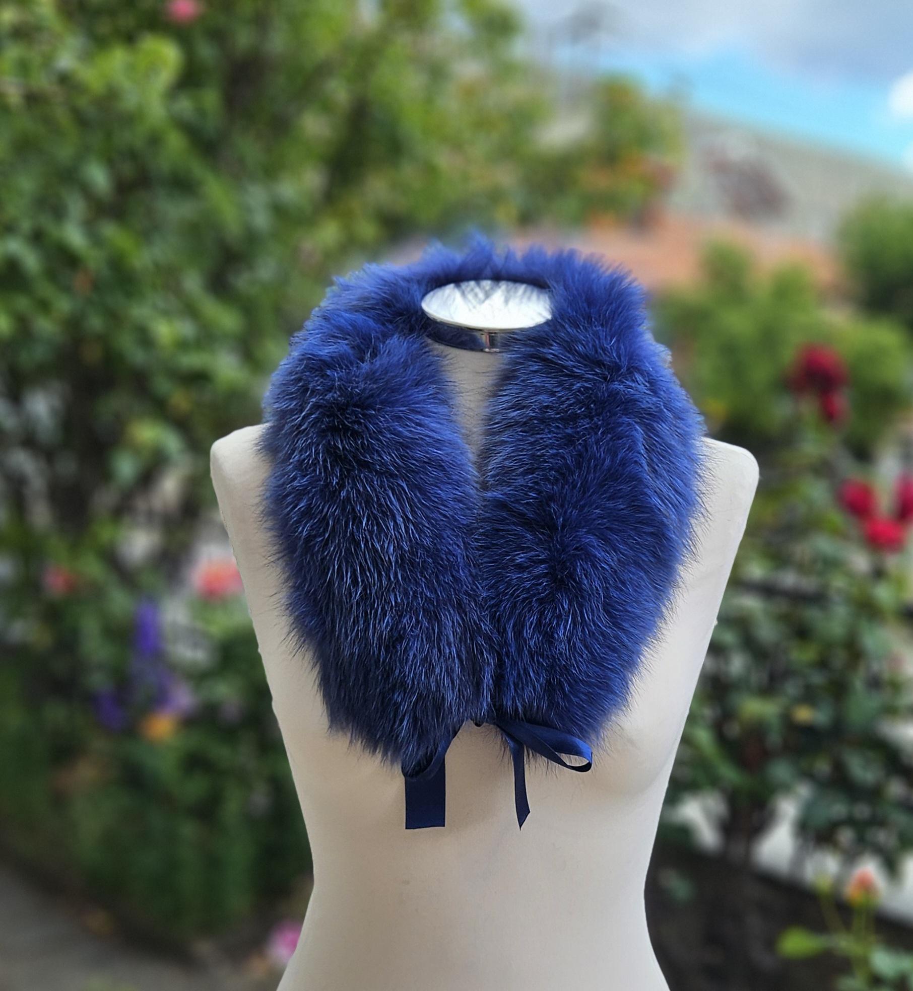 Real Fox Fur Collar with ribbon in blue color - Image 3