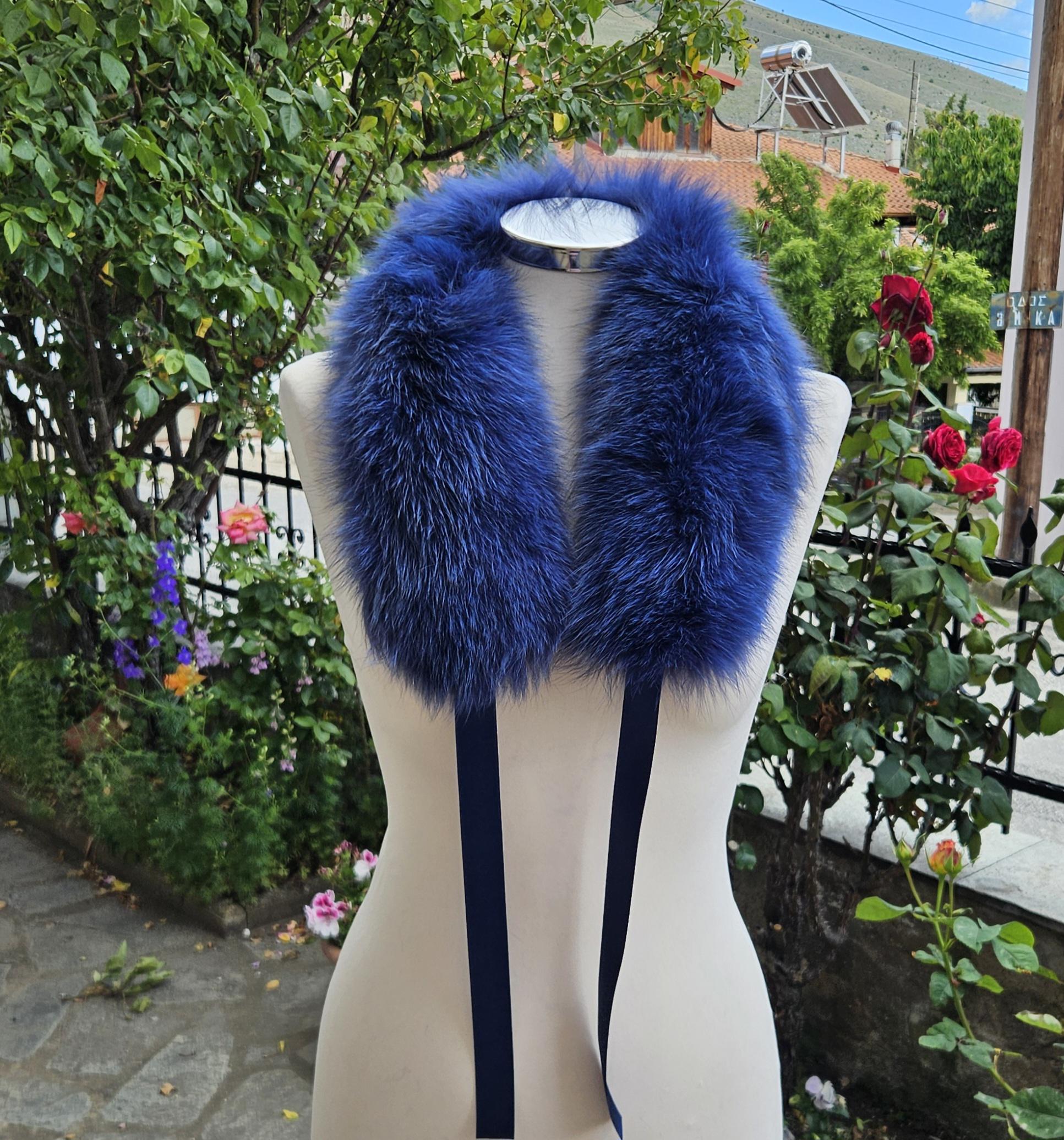 Real Fox Fur Collar with ribbon in blue color - Image 4