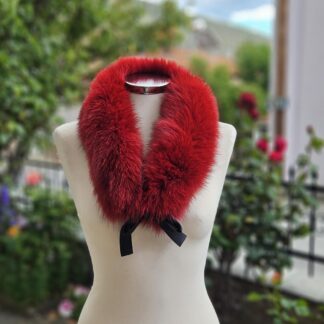 Real Fox Fur Collar with ribbon in red color
