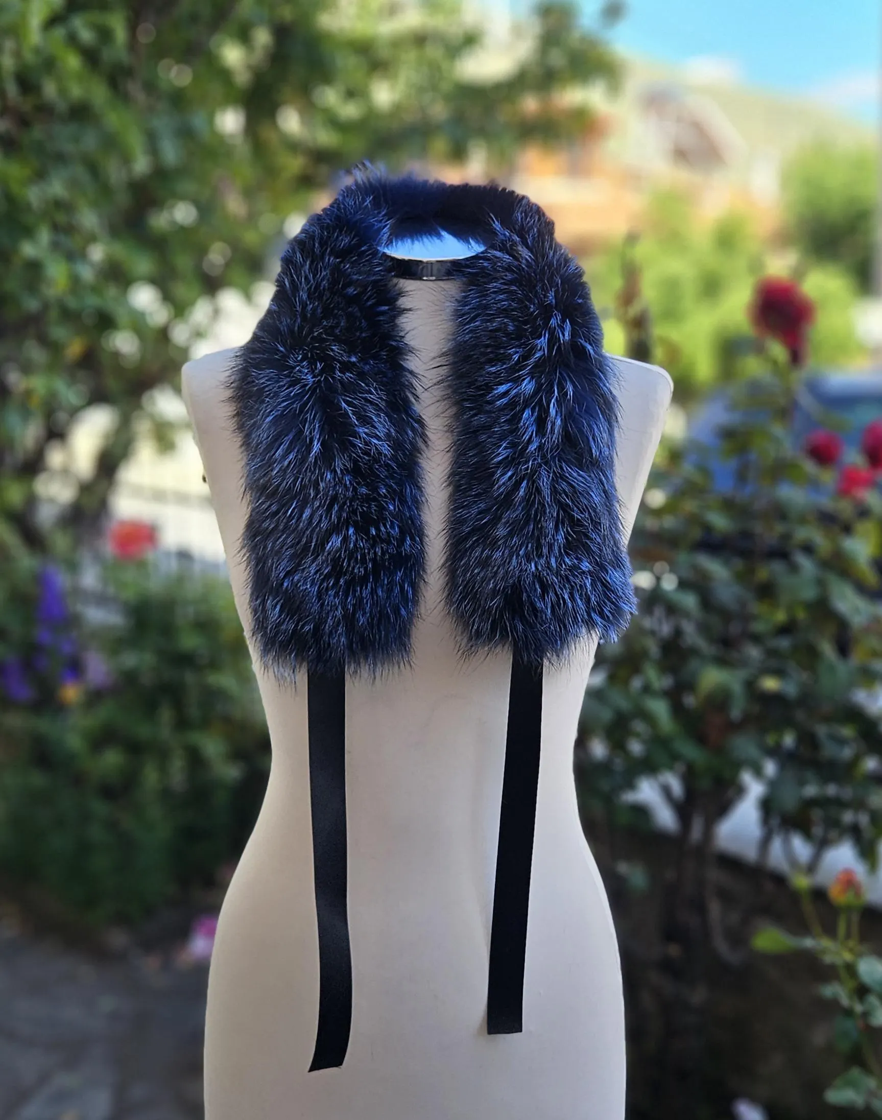 Real Fox Fur Collar with ribbon in blue color - Image 4