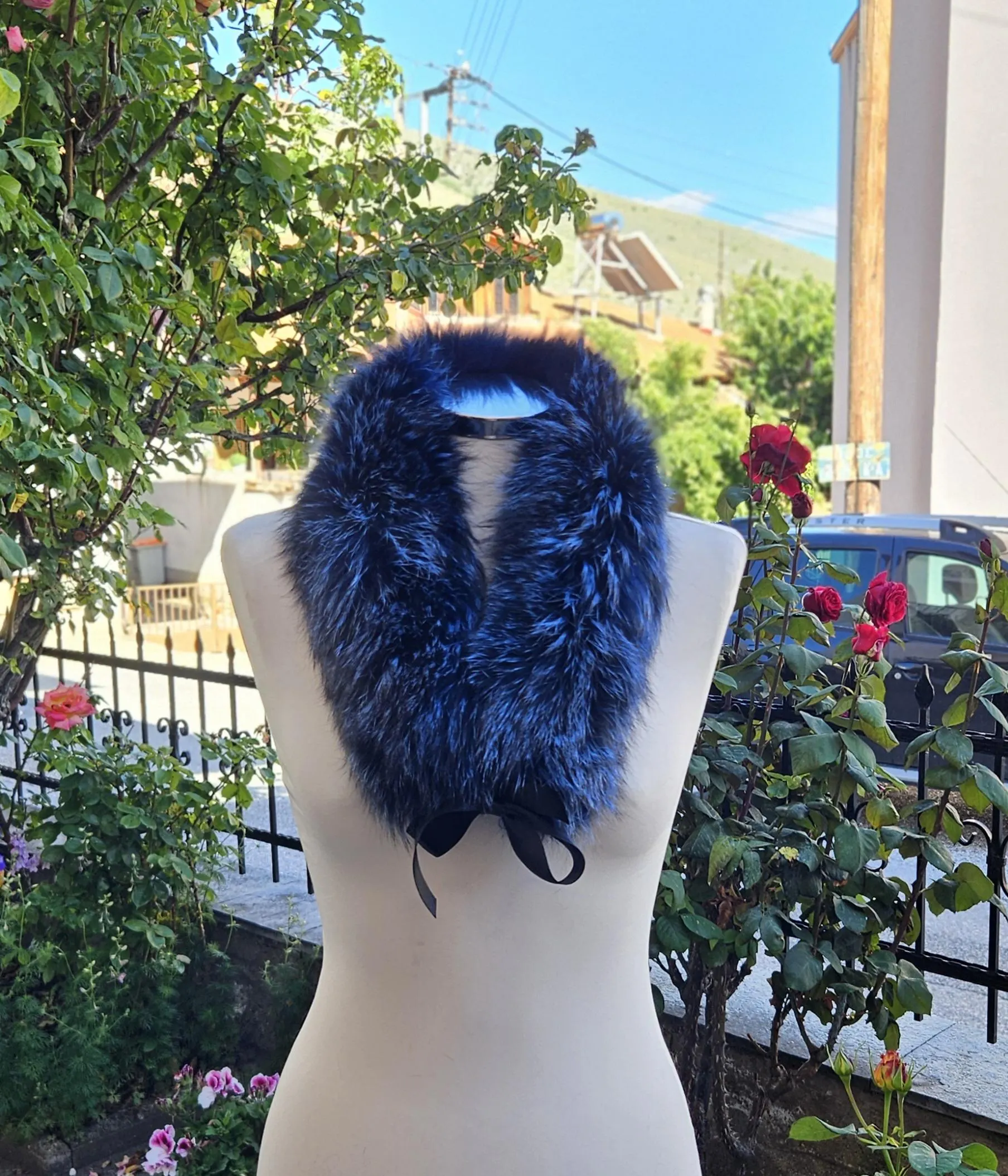 Real Fox Fur Collar with ribbon in blue color - Image 5