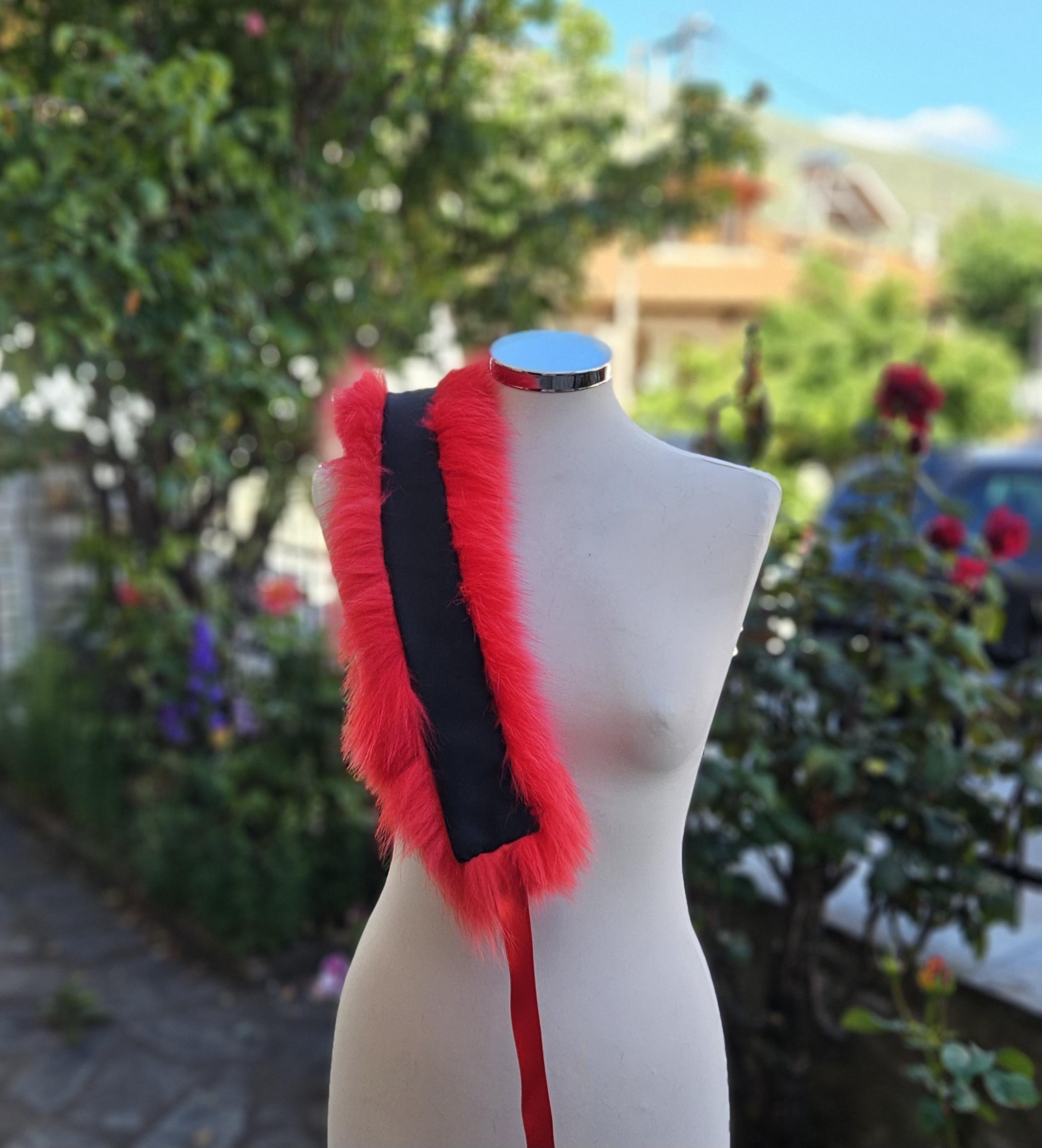 Real Fox Fur Collar with ribbon in red color - Image 6