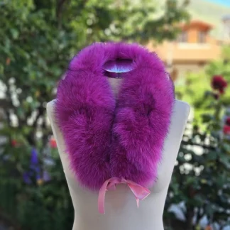 Real Fox Fur Collar with ribbon in fuchsia color