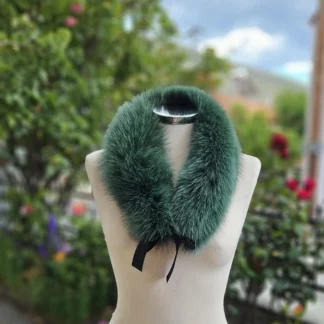 Real Fox Fur Collar with ribbon in green color