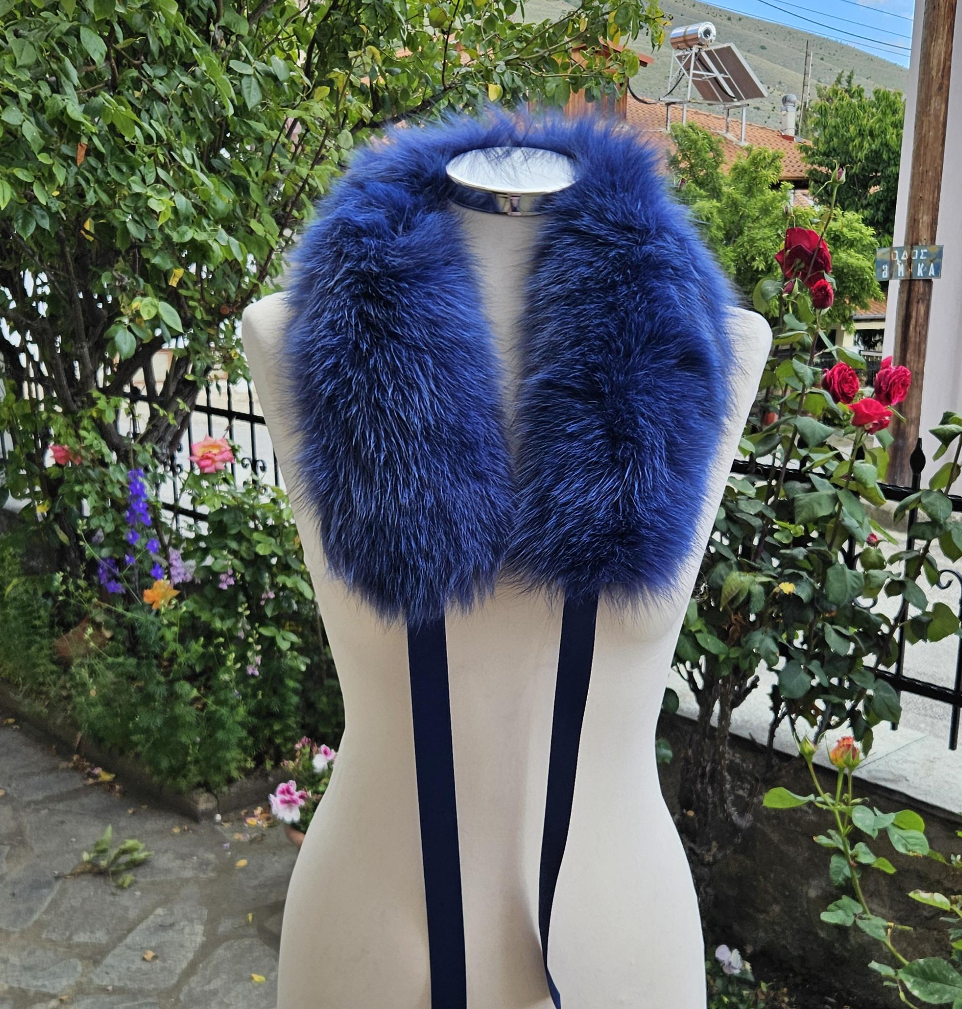 Real Fox Fur Collar with ribbon in blue color - Image 5