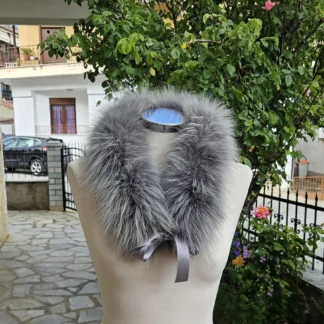 Real Fox Fur Collar with ribbon in gray color