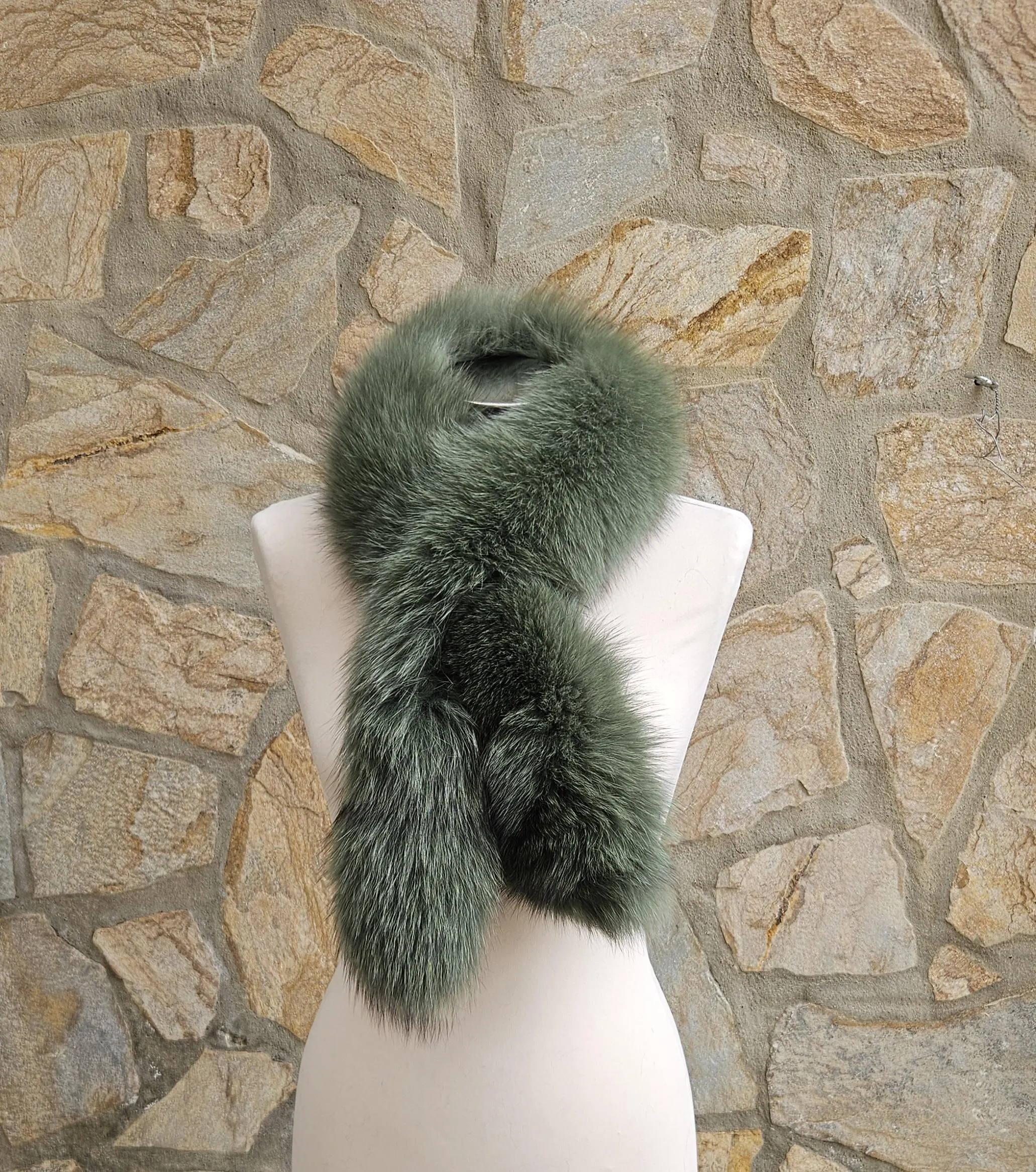 Real Fur Fox Scarf in green color
