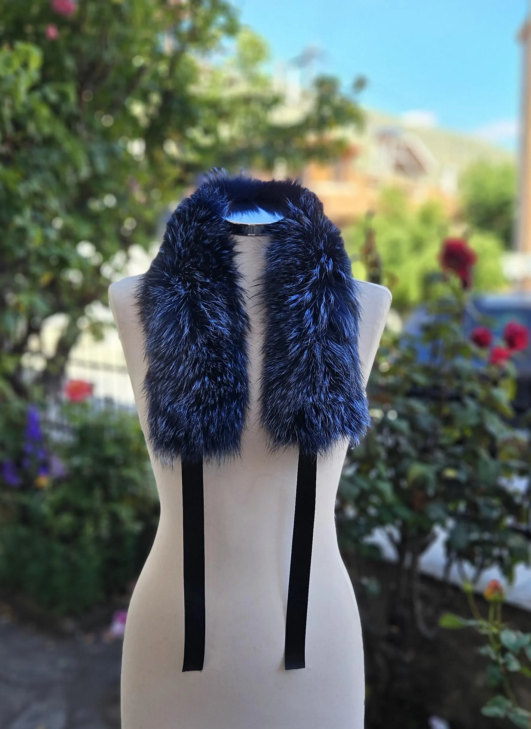 Real Fox Fur Collar with ribbon in blue color - Image 3