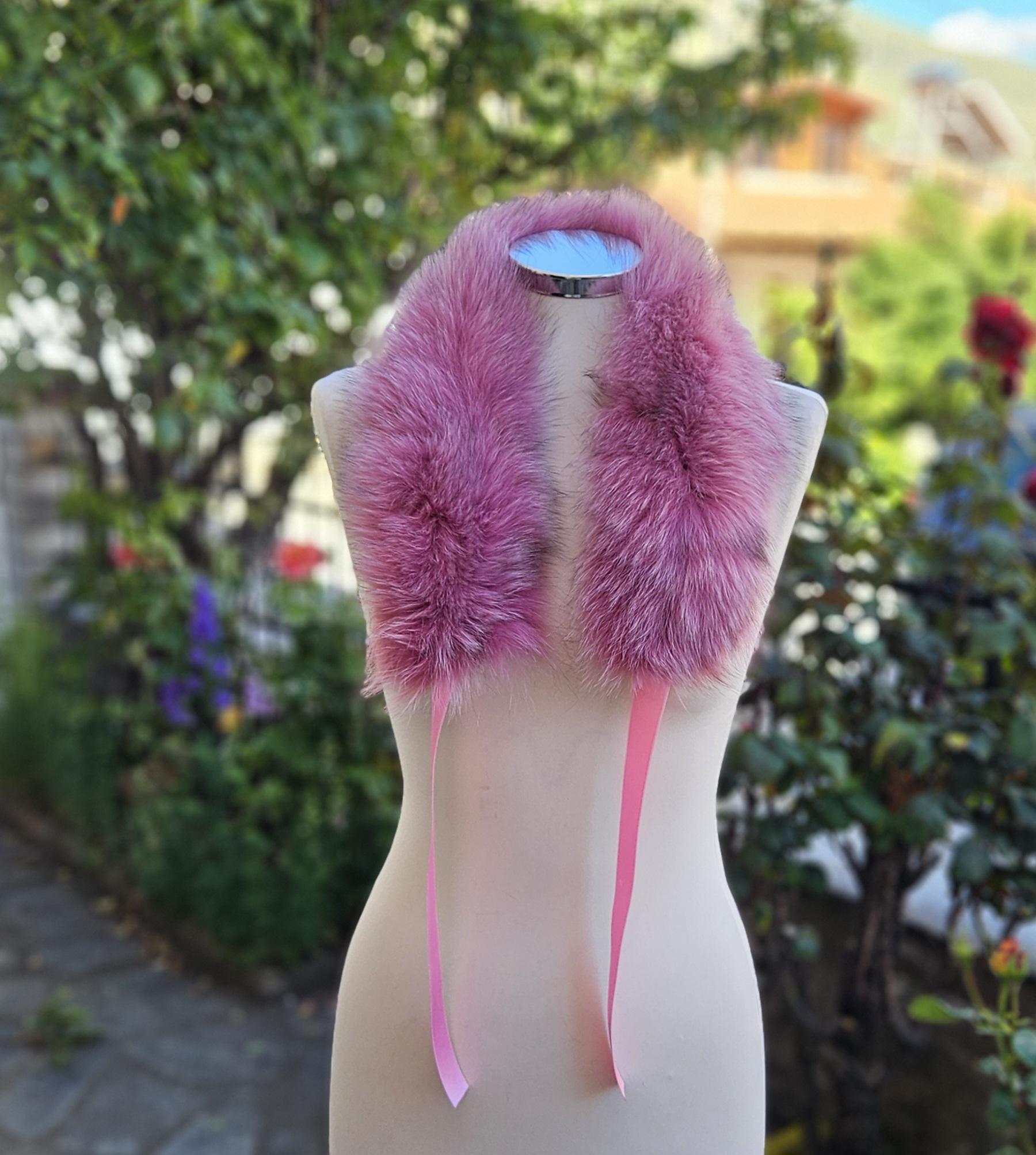 Real Fox Fur Collar with ribbon in pink color - Image 3