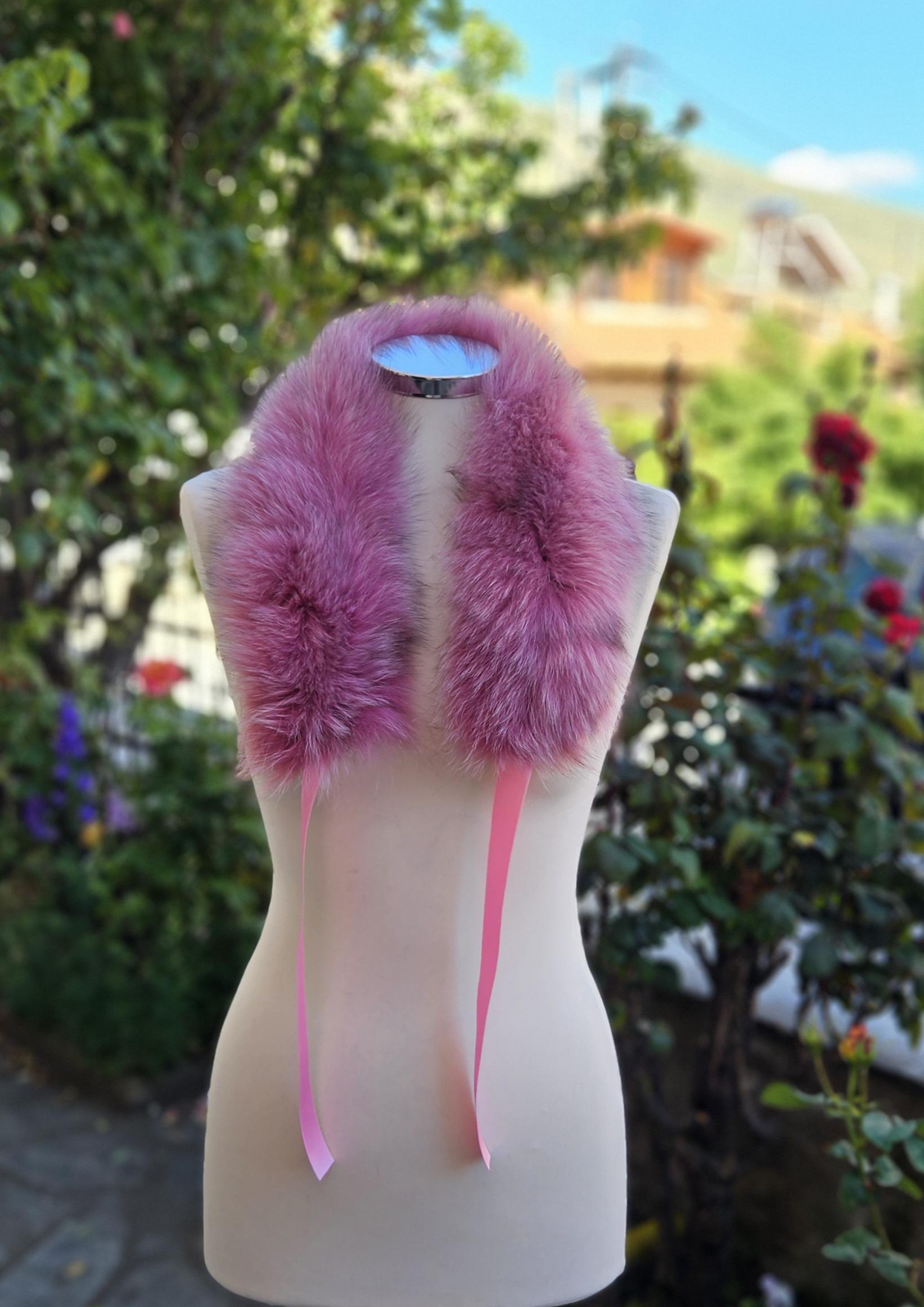 Real Fox Fur Collar with ribbon in pink color - Image 4