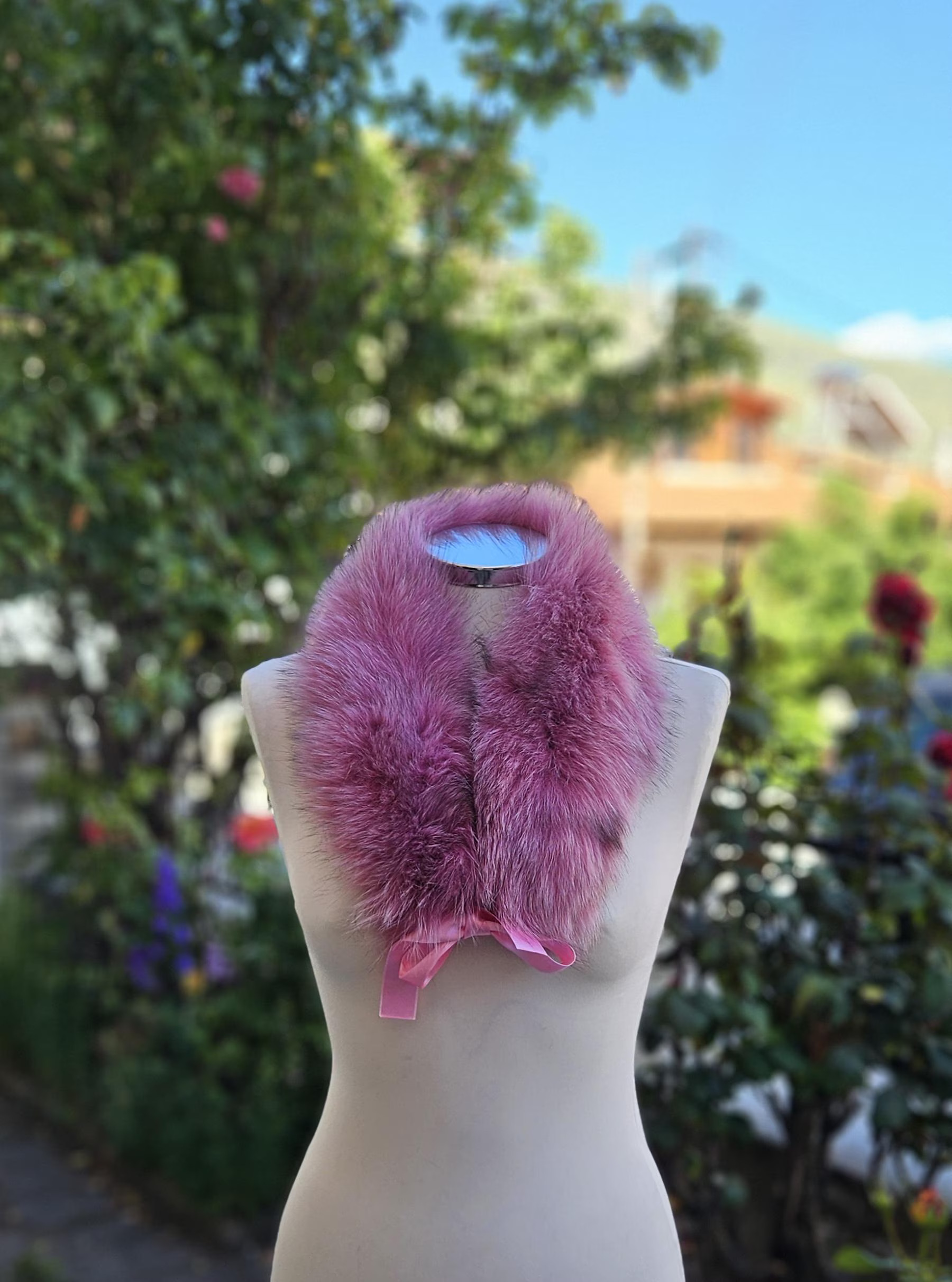Real Fox Fur Collar with ribbon in pink color