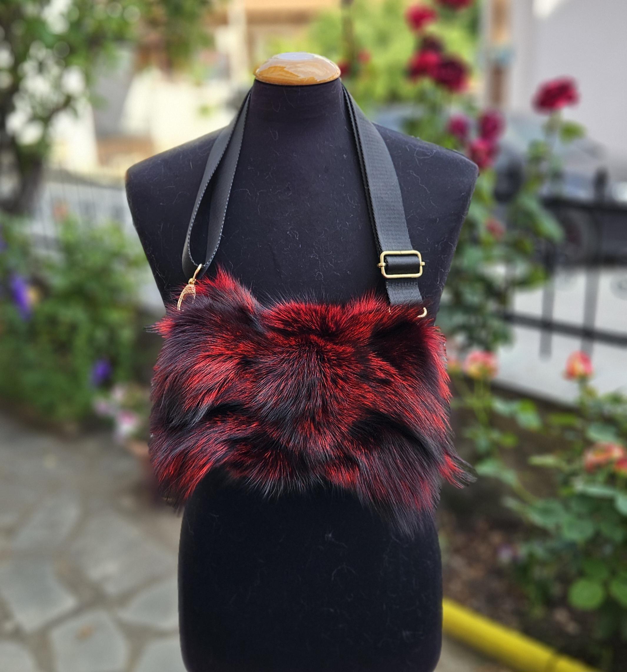 Real Fox Fur Bag with leather details in red color