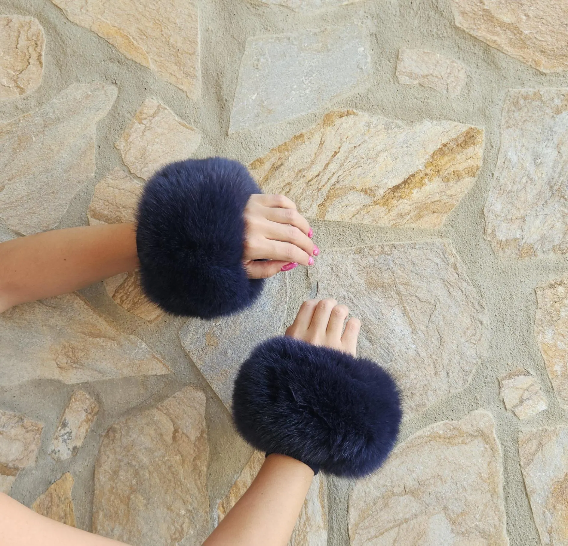 Real Fur Fox Cuffs in blue color - Image 4