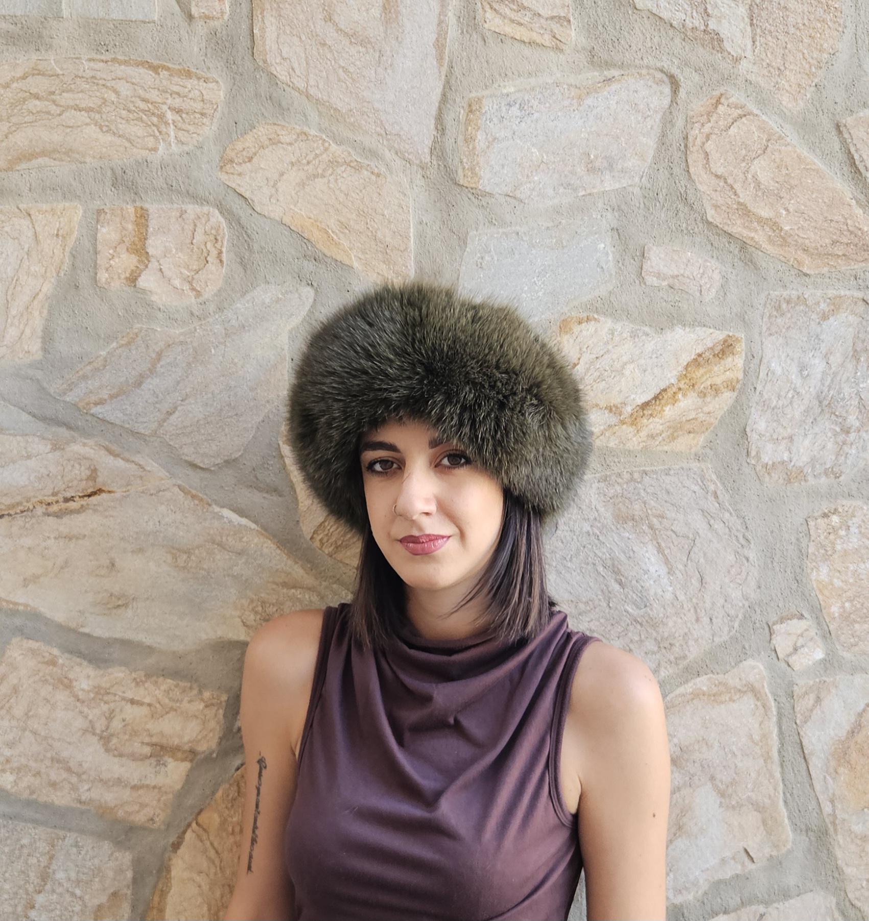 Real Fox Fur Headband in olive green color the ideal Winter Earwarmer Accessory
