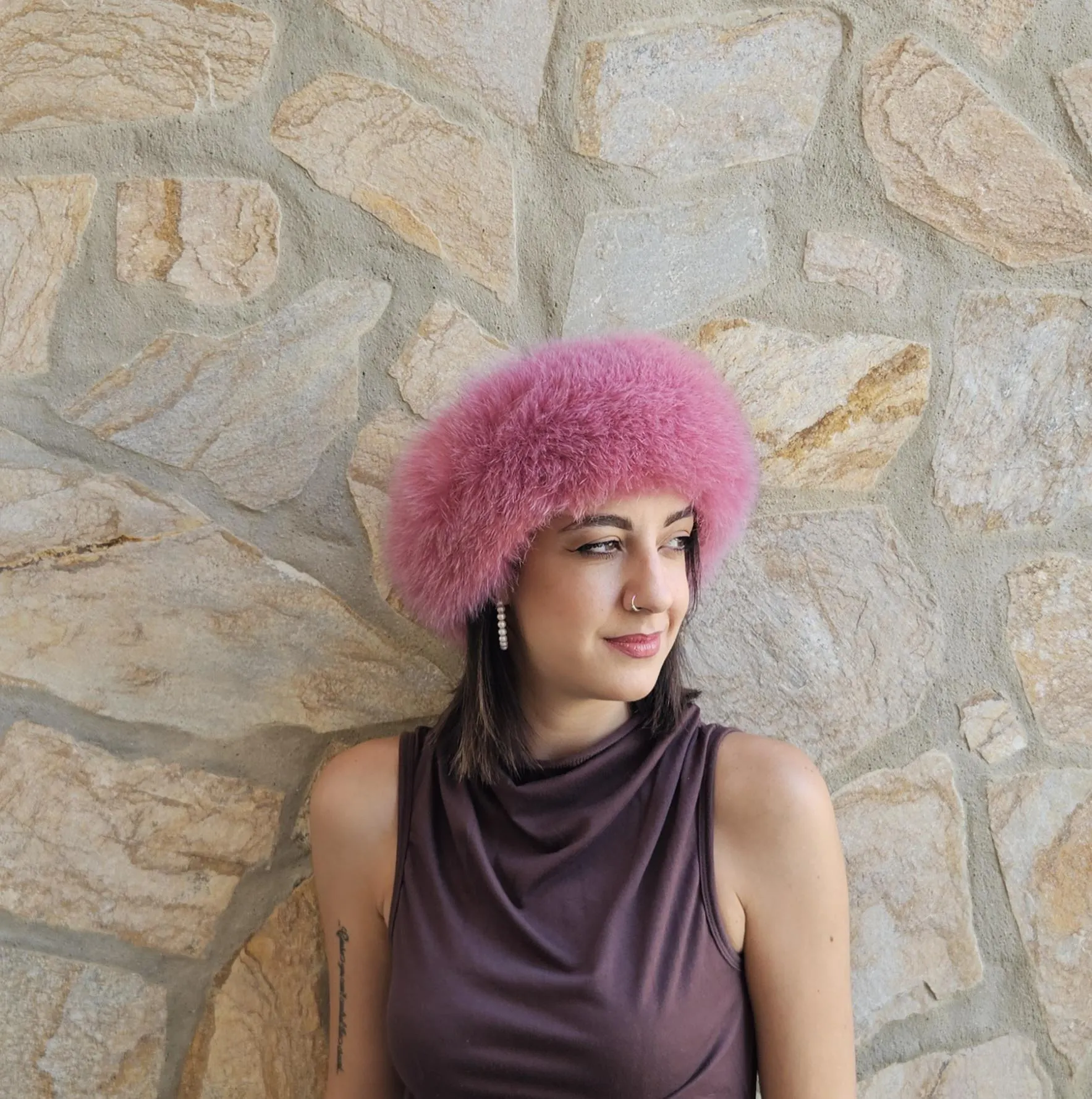 Real Fox Fur Headband in pink color the ideal Winter Earwarmer Accessory - Image 4