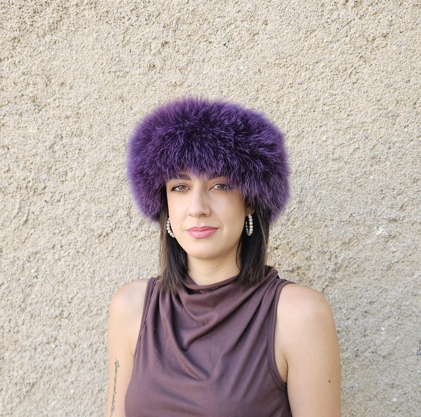Real Fox Fur Headband in purple color the ideal Winter Earwarmer Accessory