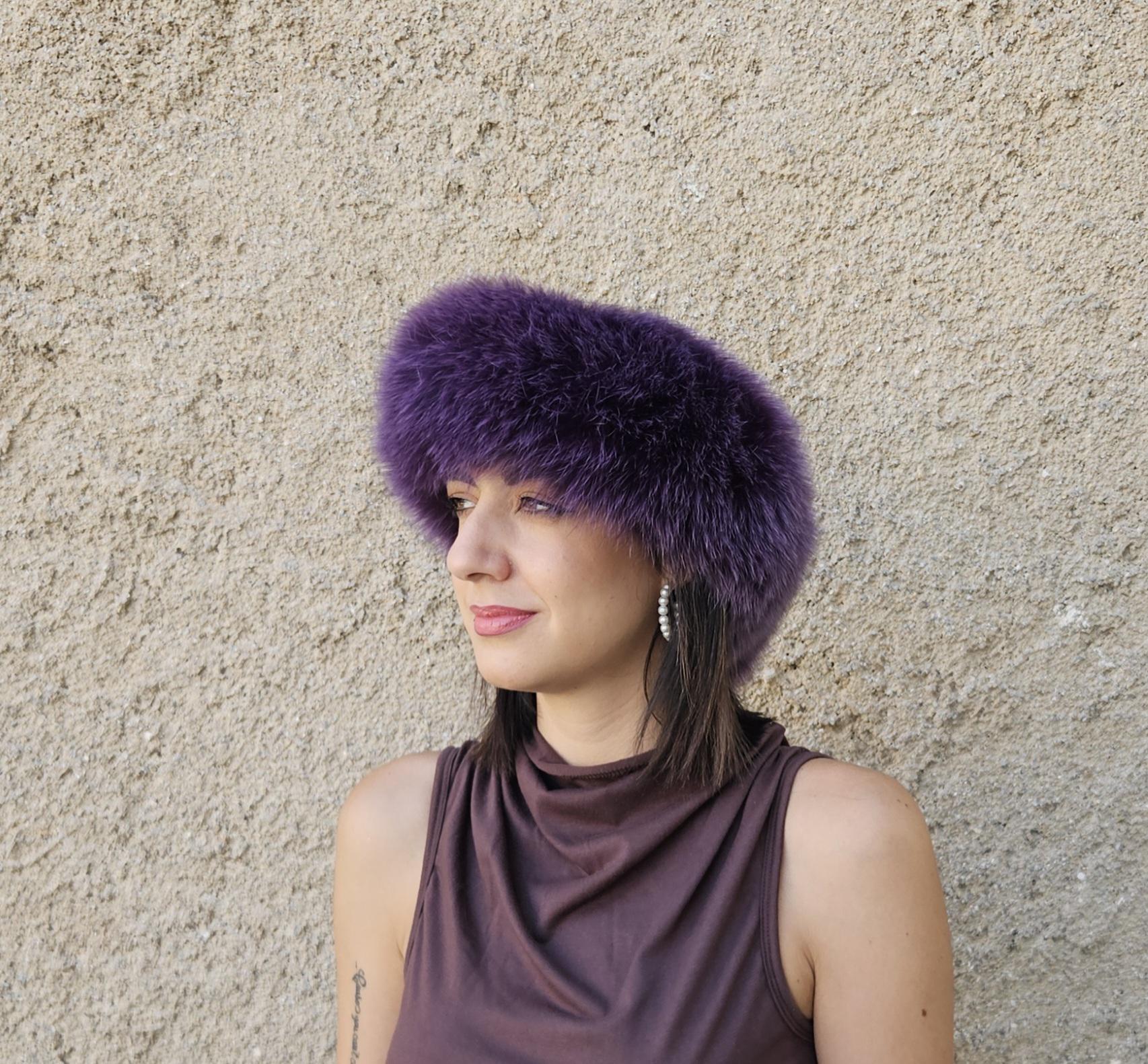 Real Fox Fur Headband in purple color the ideal Winter Earwarmer Accessory - Image 4