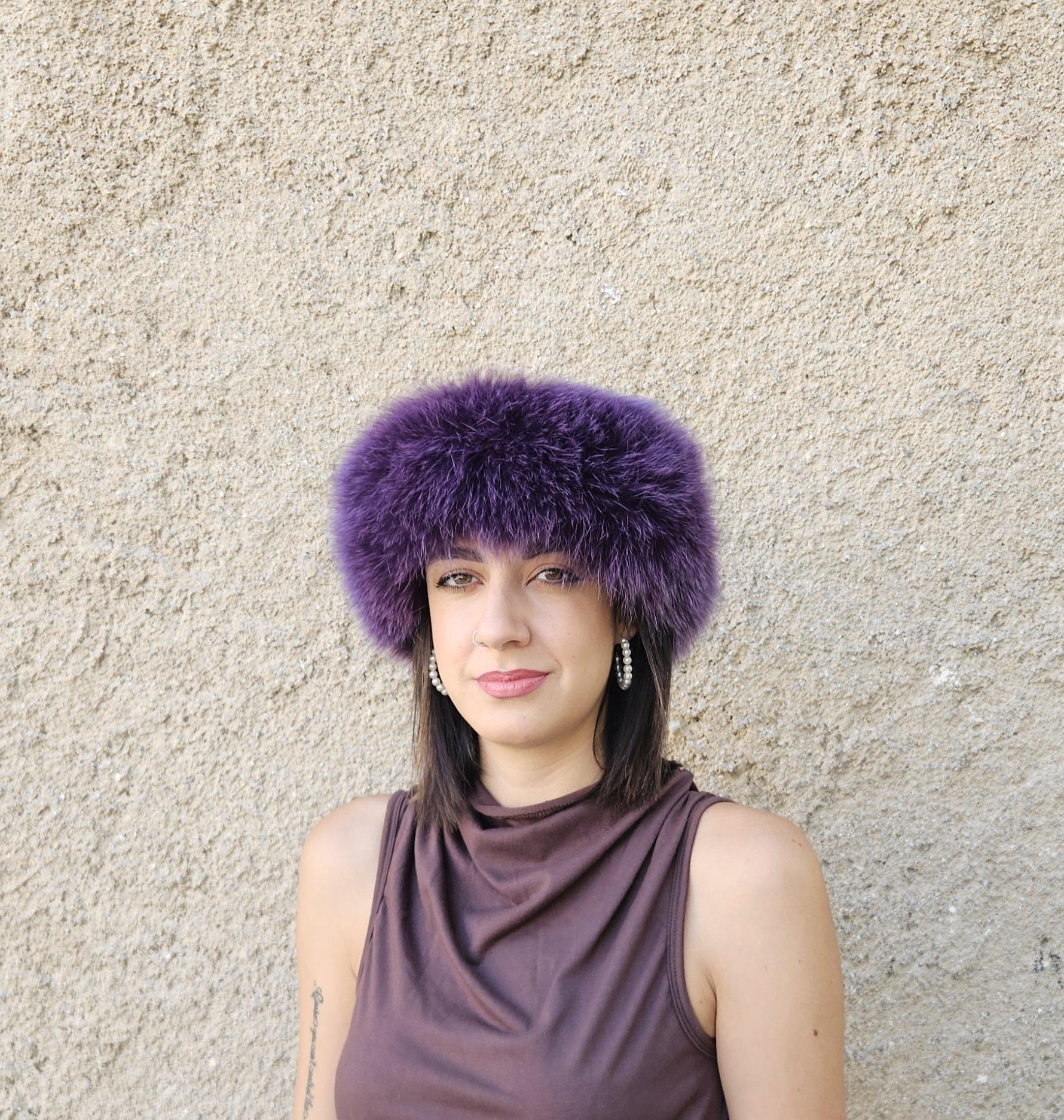 Real Fox Fur Headband in purple color the ideal Winter Earwarmer Accessory - Image 5