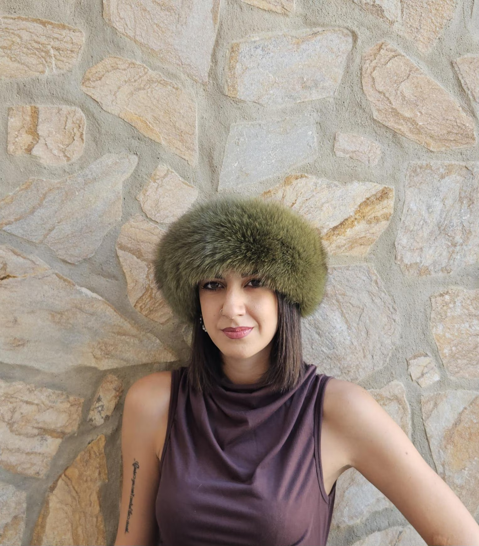 Real Fox Fur Headband in light green color the ideal Winter Earwarmer Accessory - Image 3