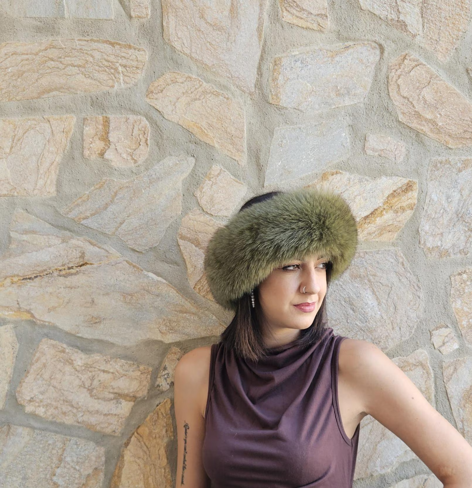 Real Fox Fur Headband in light green color the ideal Winter Earwarmer Accessory - Image 4
