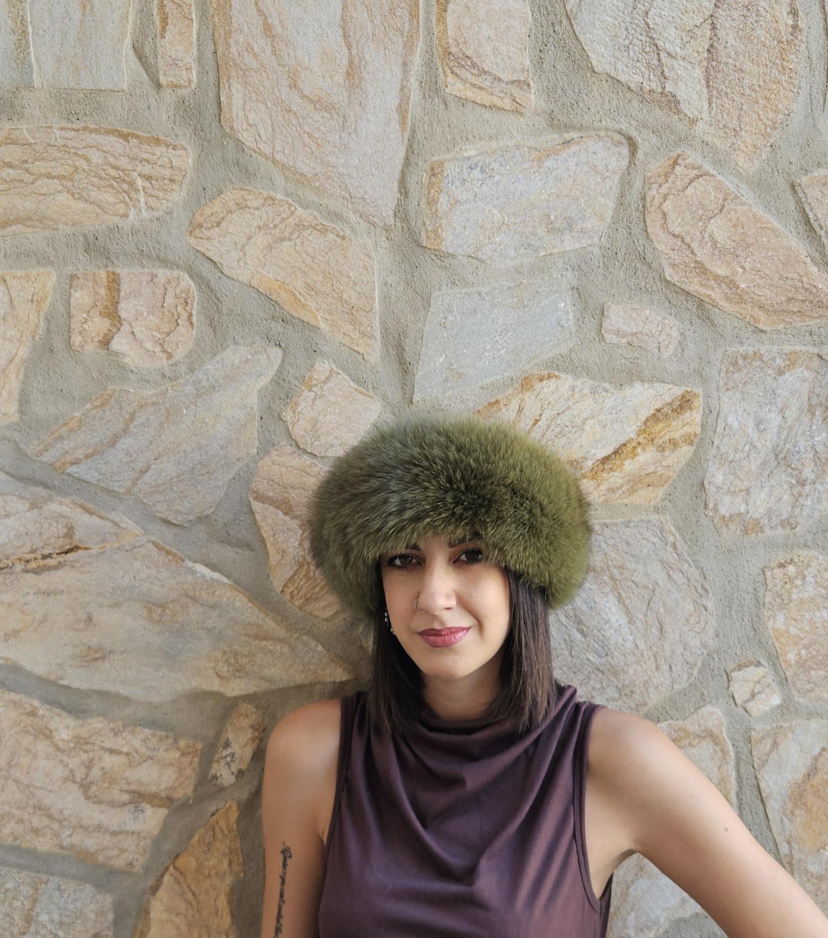 Real Fox Fur Headband in light green color the ideal Winter Earwarmer Accessory