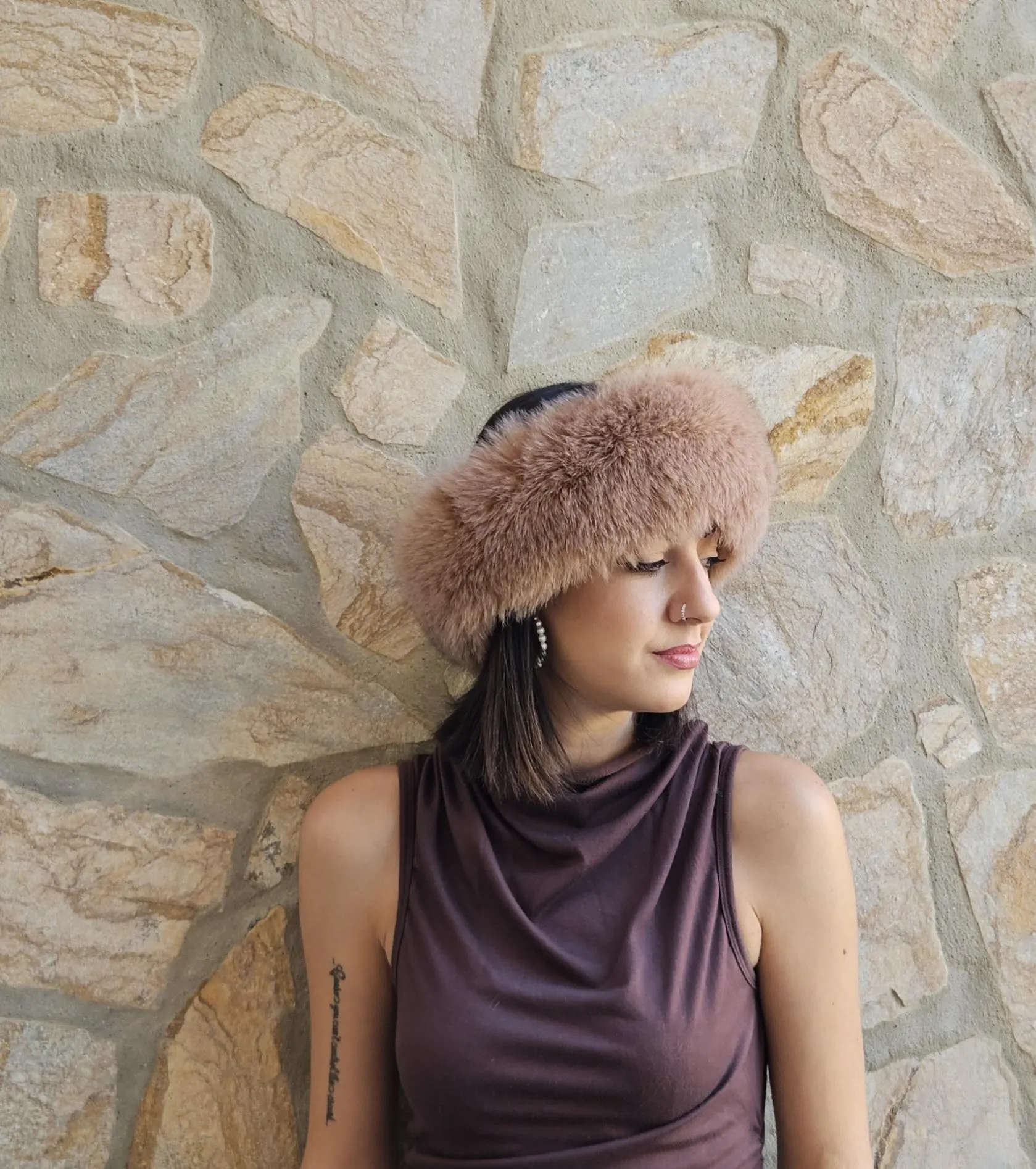 Real Fox Fur Headband in nude color the ideal Winter Earwarmer Accessory