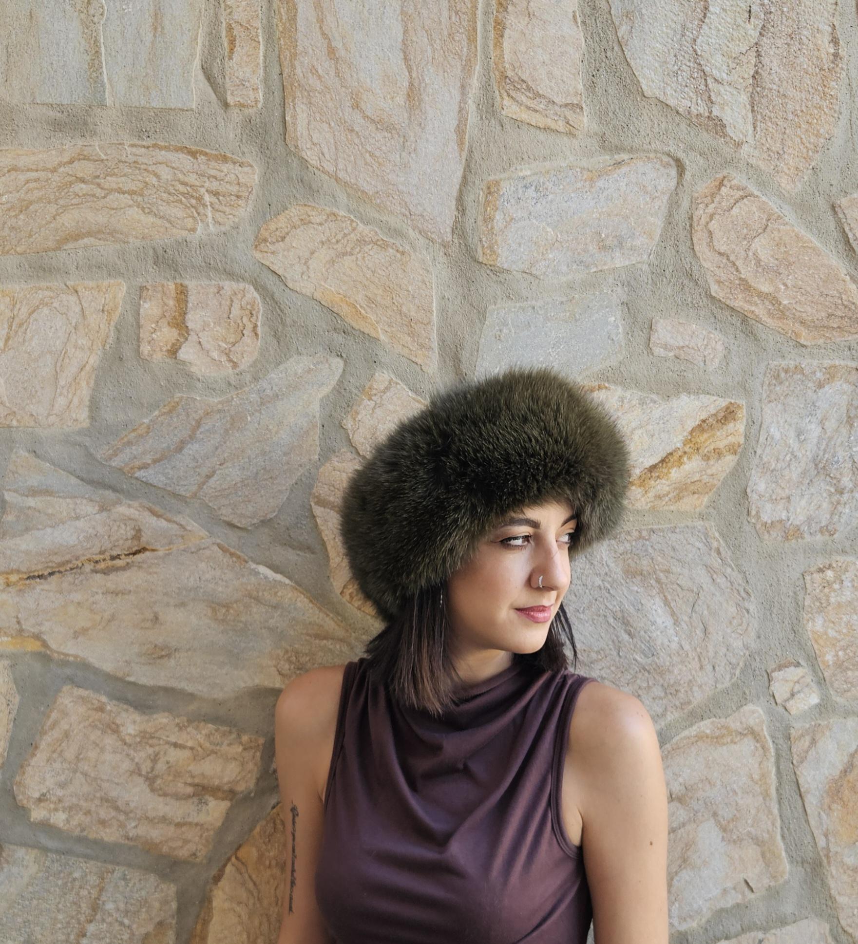 Real Fox Fur Headband in olive green color the ideal Winter Earwarmer Accessory - Image 3