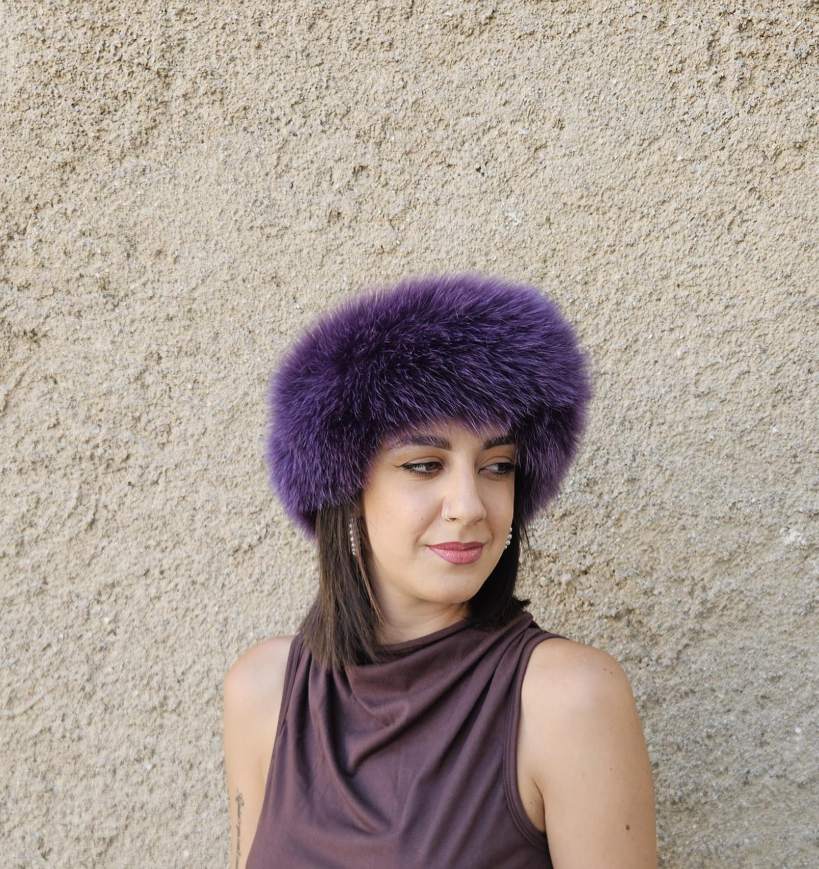 Real Fox Fur Headband in purple color the ideal Winter Earwarmer Accessory - Image 3