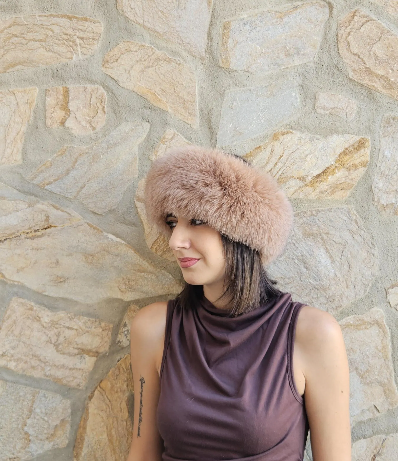 Real Fox Fur Headband in nude color the ideal Winter Earwarmer Accessory - Image 4