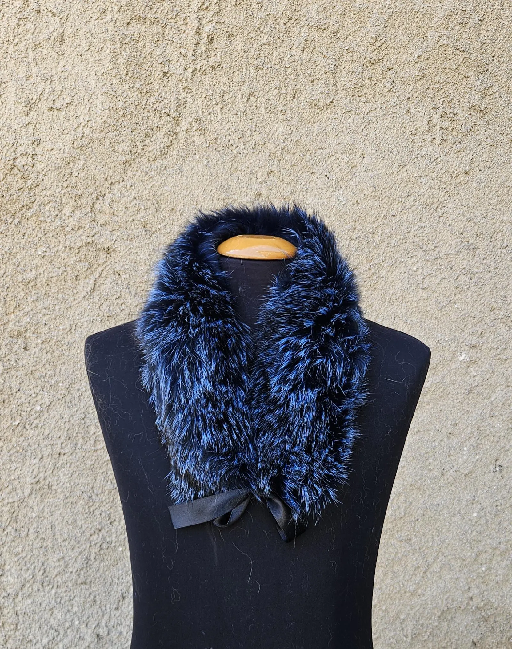 Real Fox Fur Collar with ribbon in blue color - Image 3