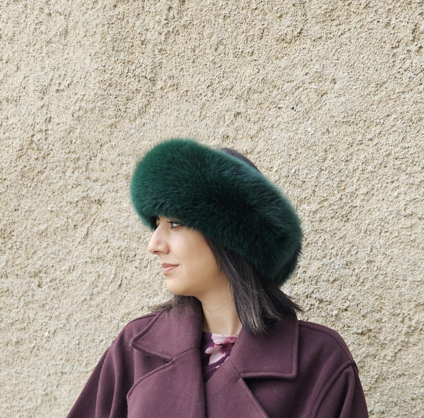 Real Fox Fur Headband in dark green color the ideal Winter Earwarmer Accessory - Image 3