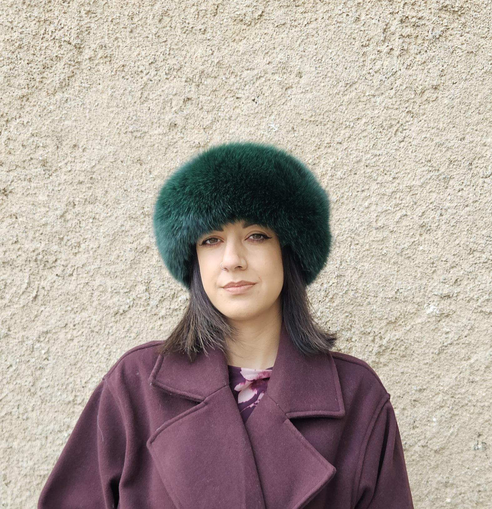 Real Fox Fur Headband in dark green color the ideal Winter Earwarmer Accessory