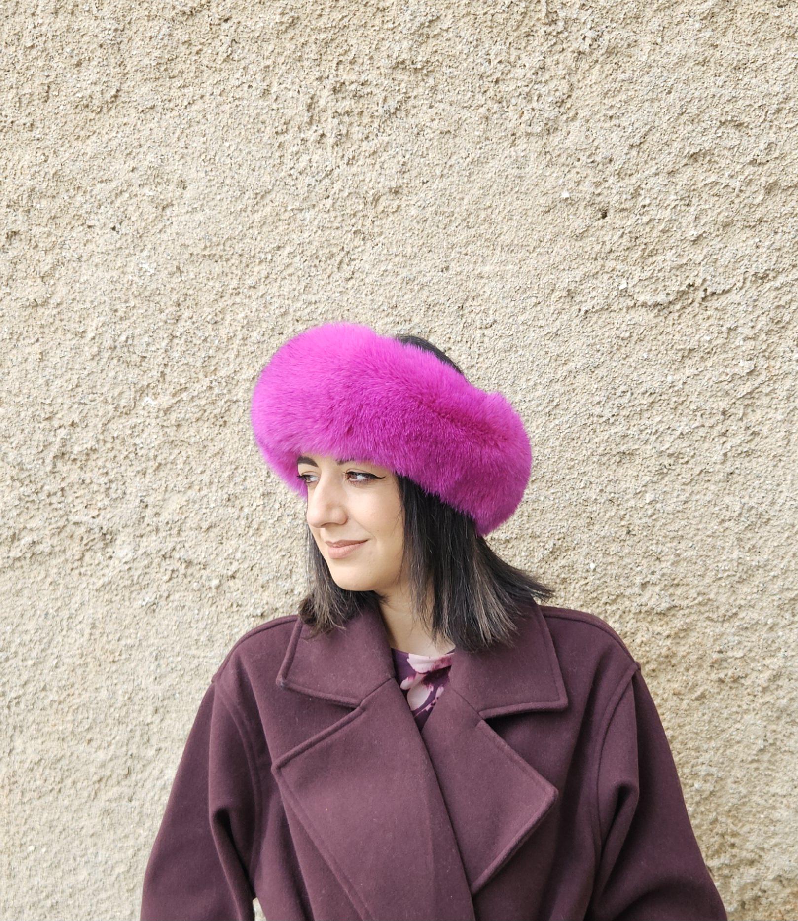 Real Fox Fur Headband in fuchsia color the ideal Winter Earwarmer Accessory - Image 4