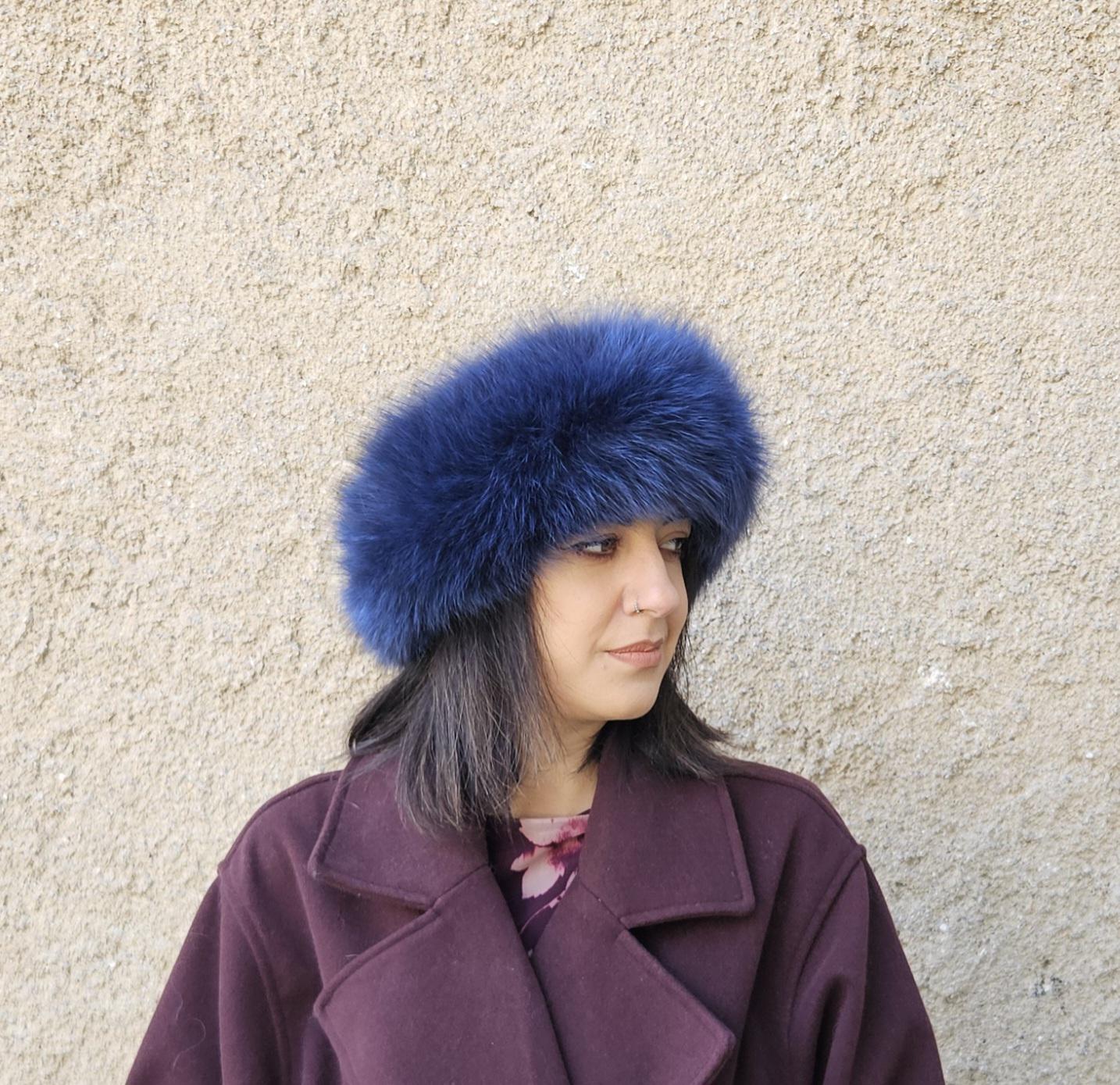 Real Fox Fur Headband in ocean blue color the ideal Winter Earwarmer Accessory - Image 3