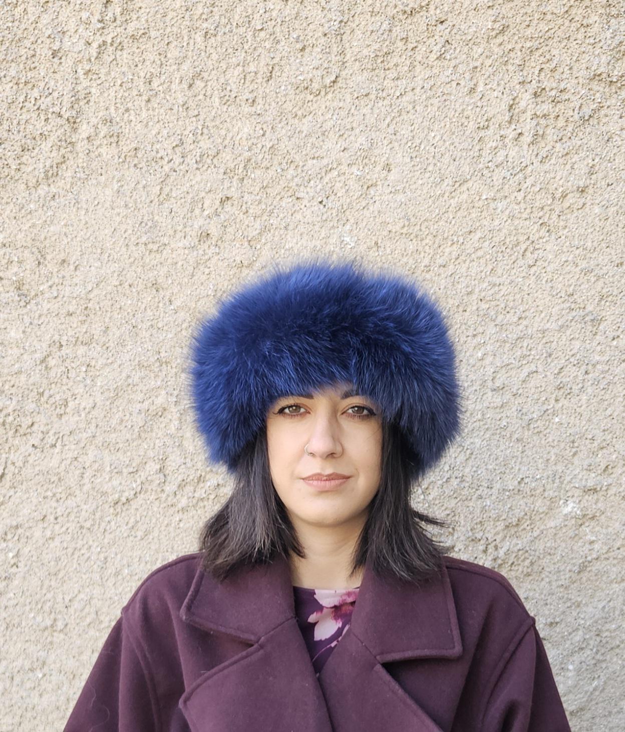 Real Fox Fur Headband in ocean blue color the ideal Winter Earwarmer Accessory