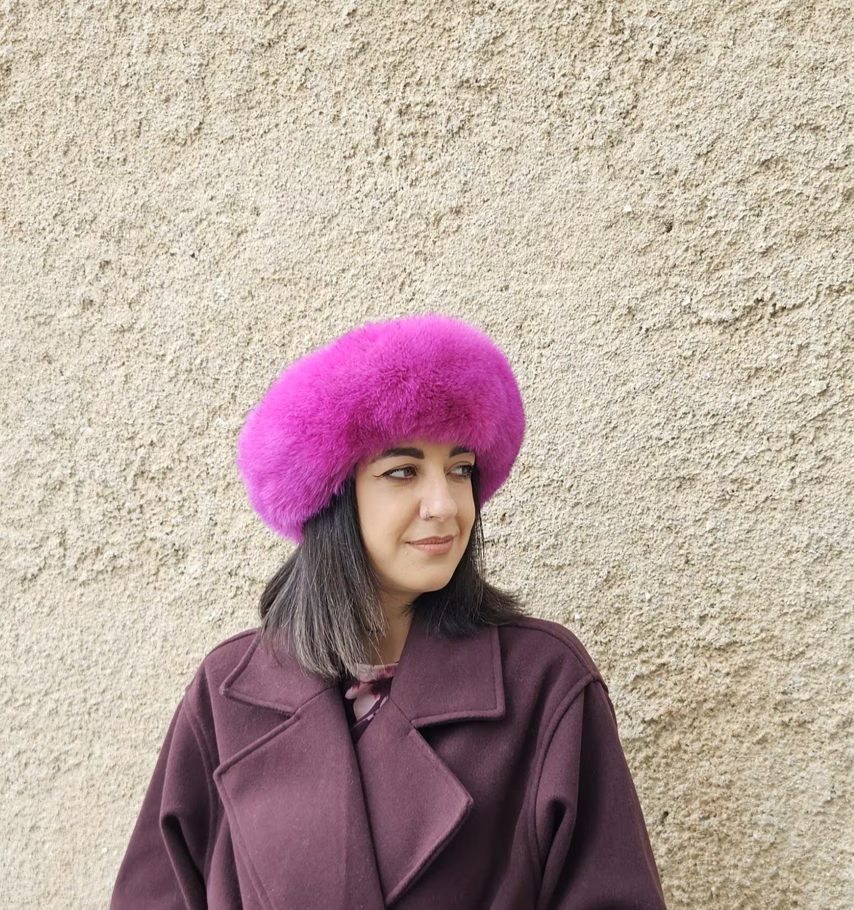 Real Fox Fur Headband in fuchsia color the ideal Winter Earwarmer Accessory