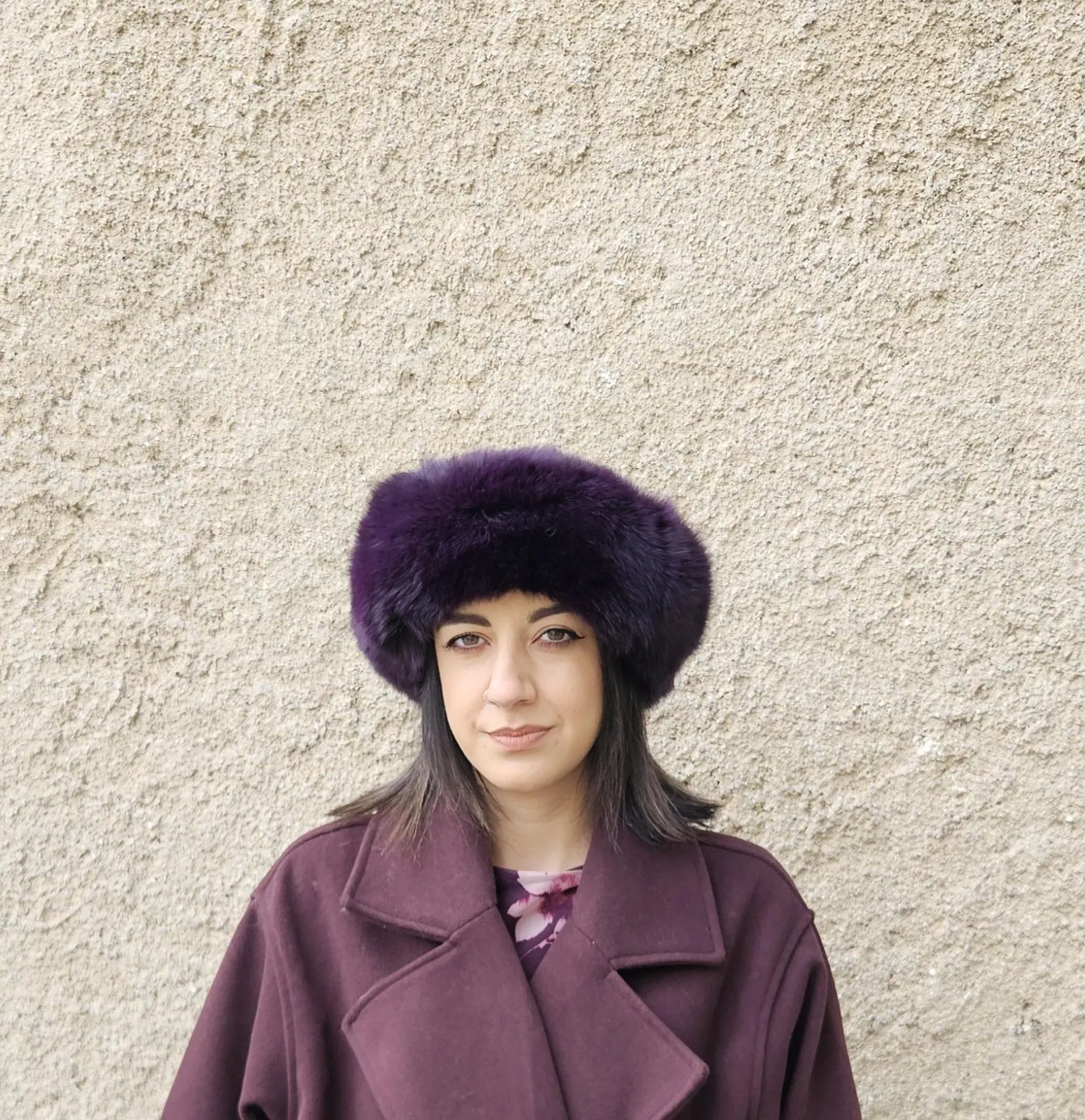 Real Fox Fur Headband in dark purple color the ideal Winter Earwarmer Accessory - Image 4