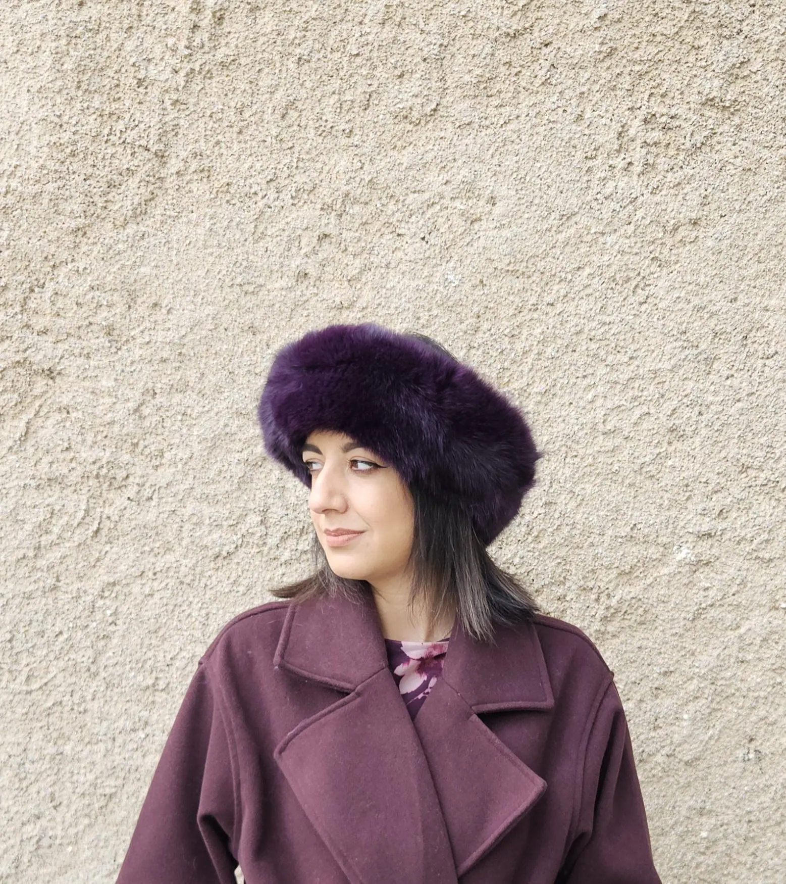 Real Fox Fur Headband in dark purple color the ideal Winter Earwarmer Accessory - Image 3