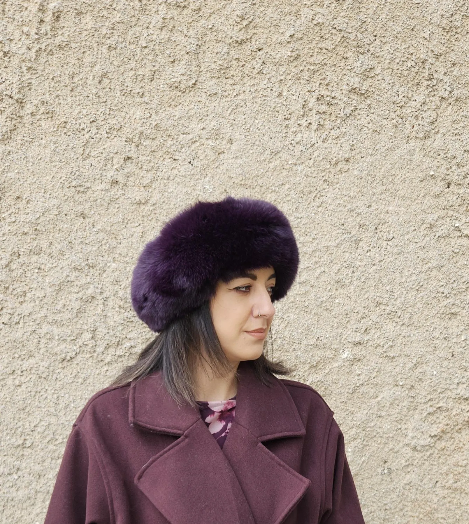 Real Fox Fur Headband in dark purple color the ideal Winter Earwarmer Accessory