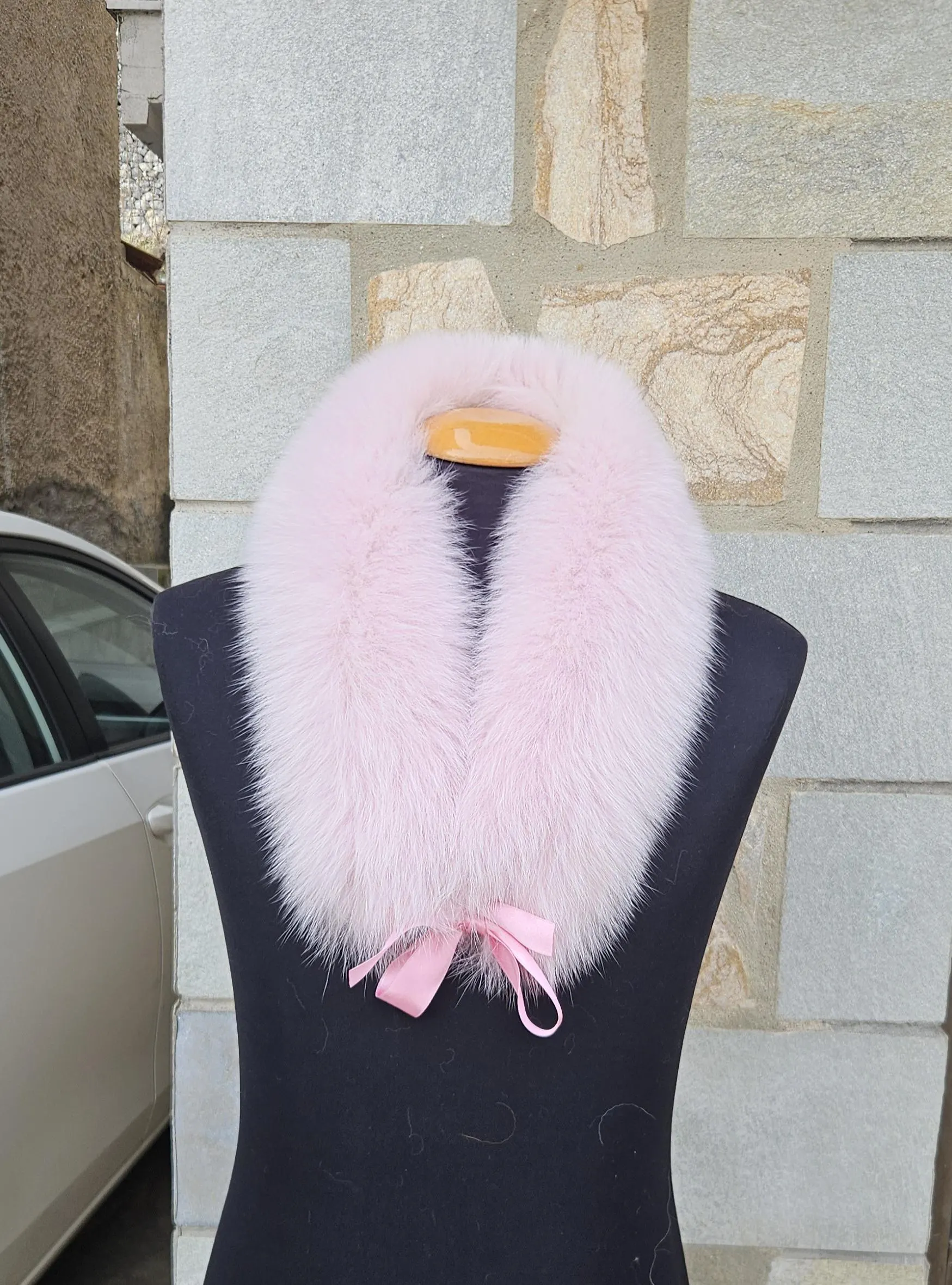 Real Fox Fur Collar with ribbon in pink color