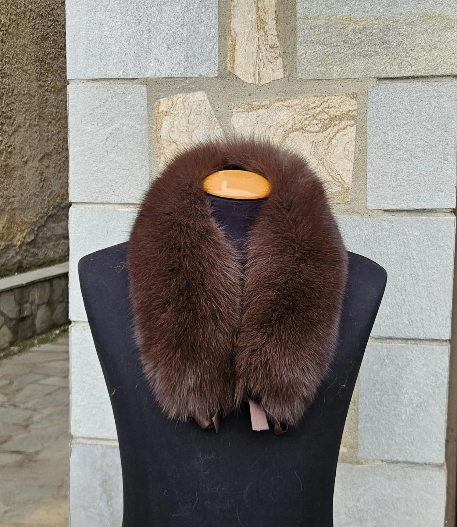 Real Fox Fur Collar with ribbon in brown color