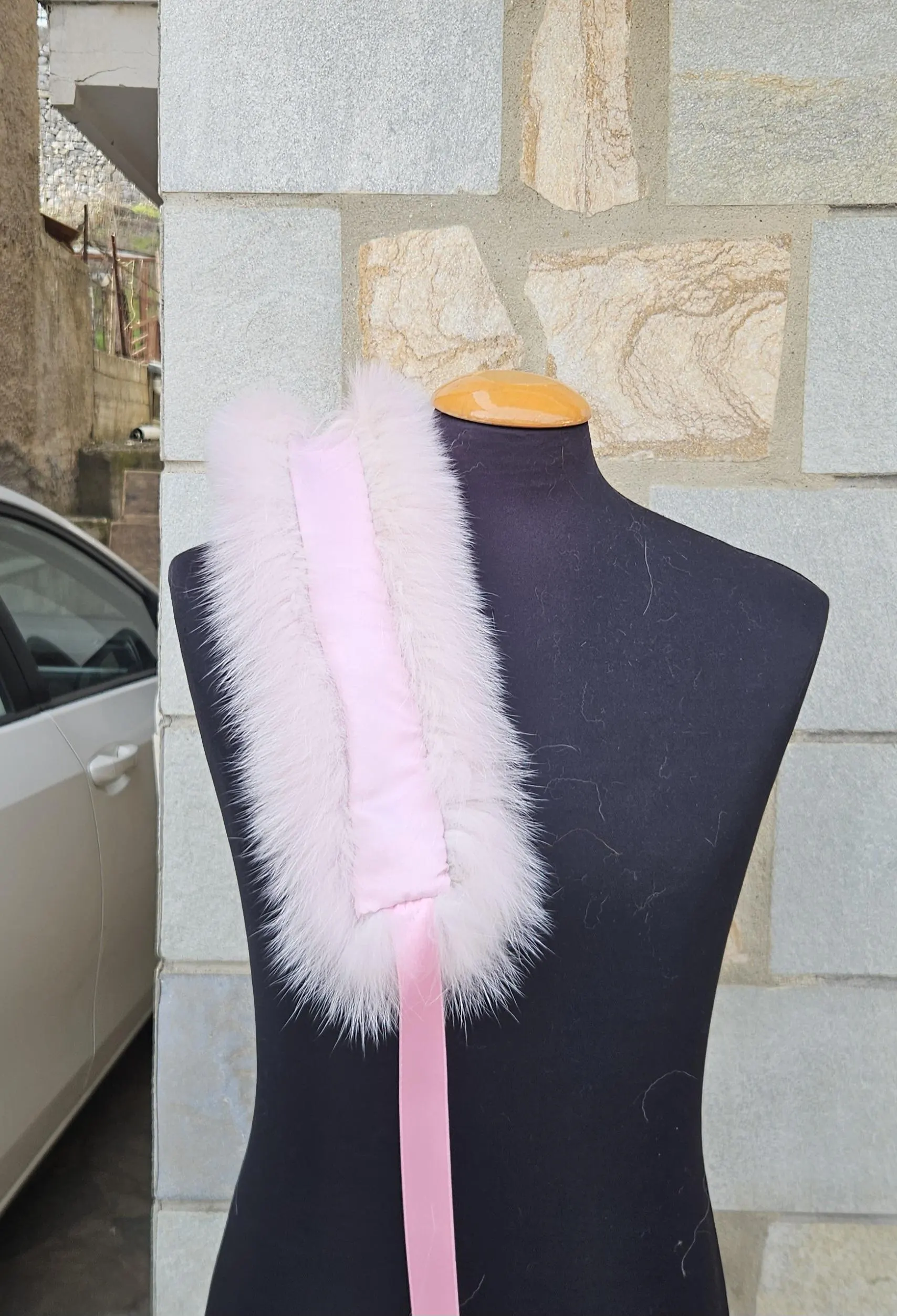 Real Fox Fur Collar with ribbon in pink color - Image 5
