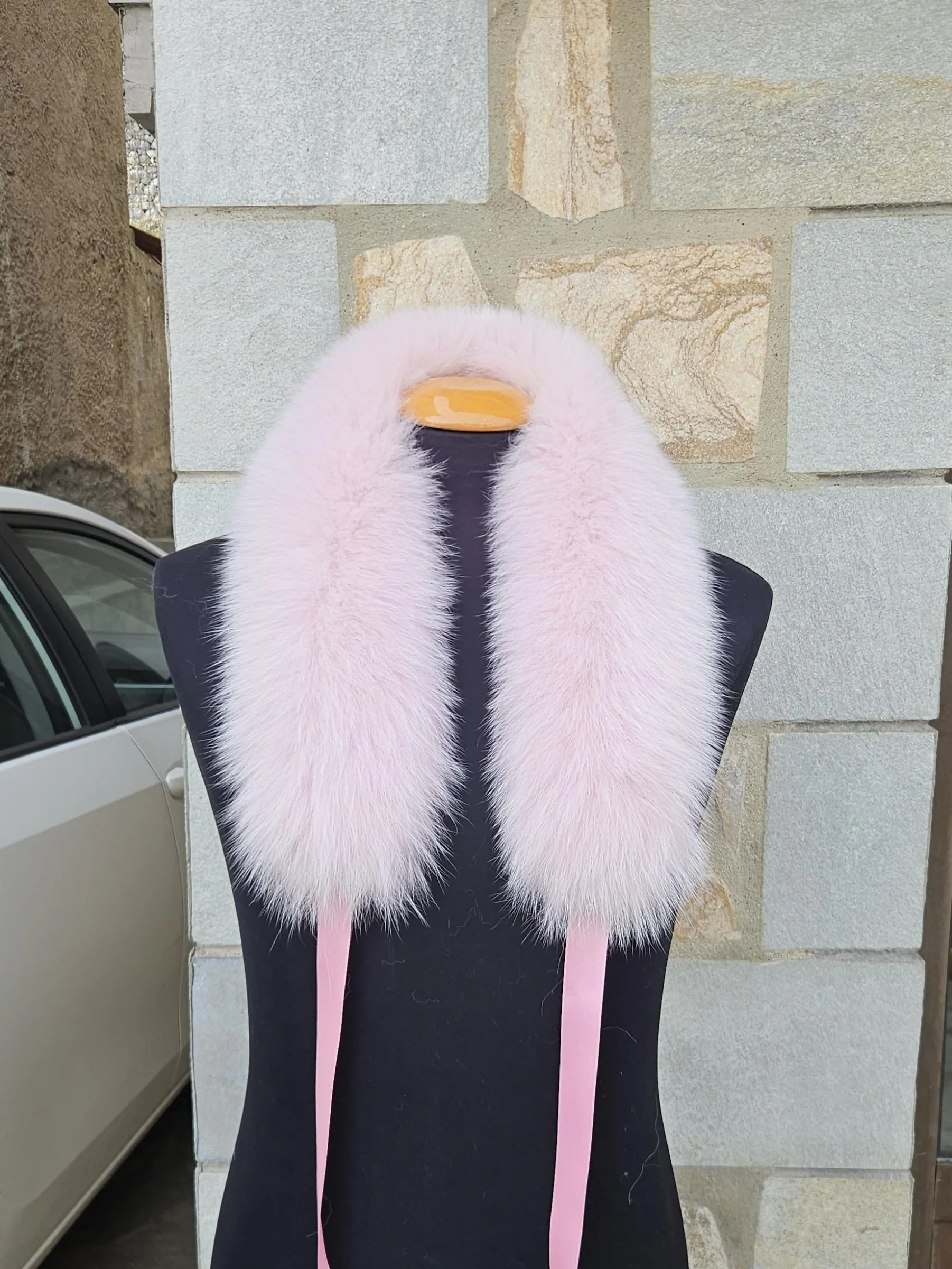 Real Fox Fur Collar with ribbon in pink color - Image 4
