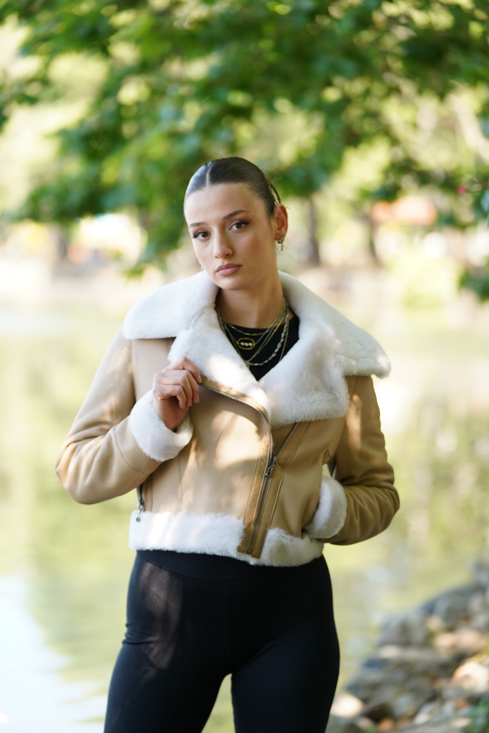 Elevate Your Winter Wardrobe with Real Beige Sheepskin Fur Biker Jacket, Women’s Elegant Outerwear - Image 3