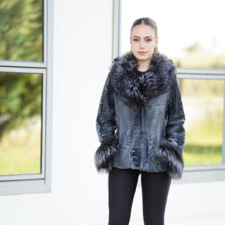 Elevate Your Winter Wardrobe with Real Swakara Fur Coat with Fox Fur Trim, Women’s Elegant Outerwear