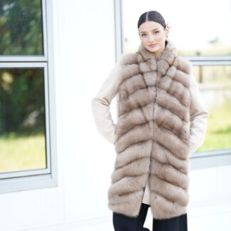 Elevate Your Winter Wardrobe with Cashmere Coat and Vest with Cashmere and Real Baumarten Fur in Beige Color, Women’s Elegant Outerwear